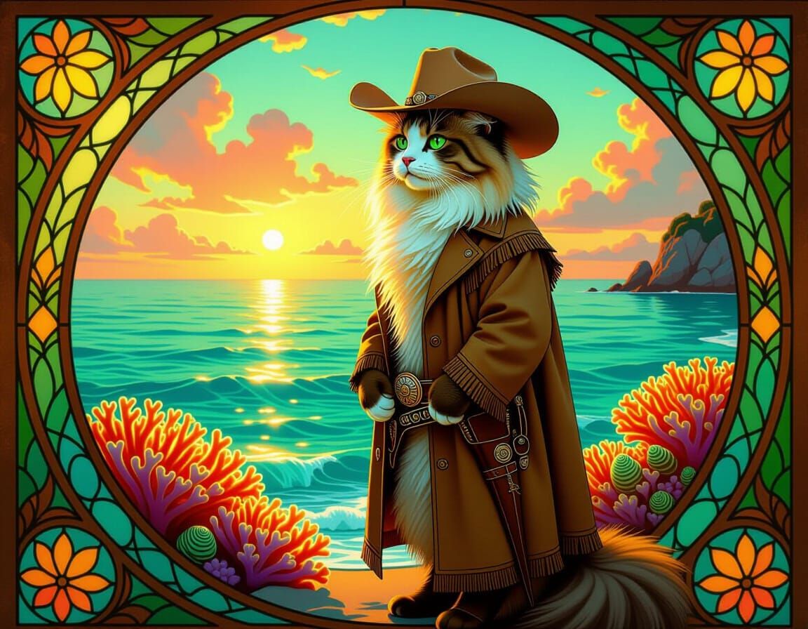 Cowboy Cat Gazes at Luminous Coral Sea