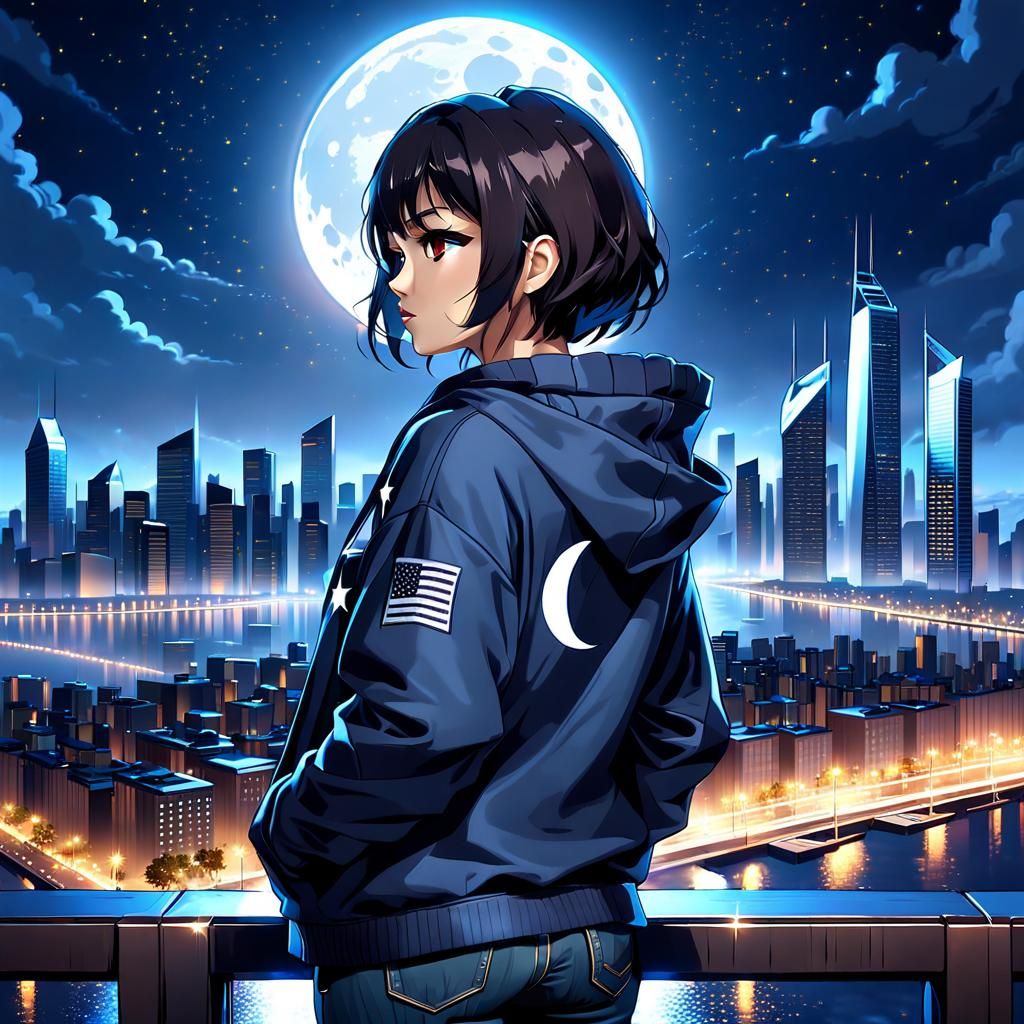Night City Gaze: Girl in Hoodie at Night