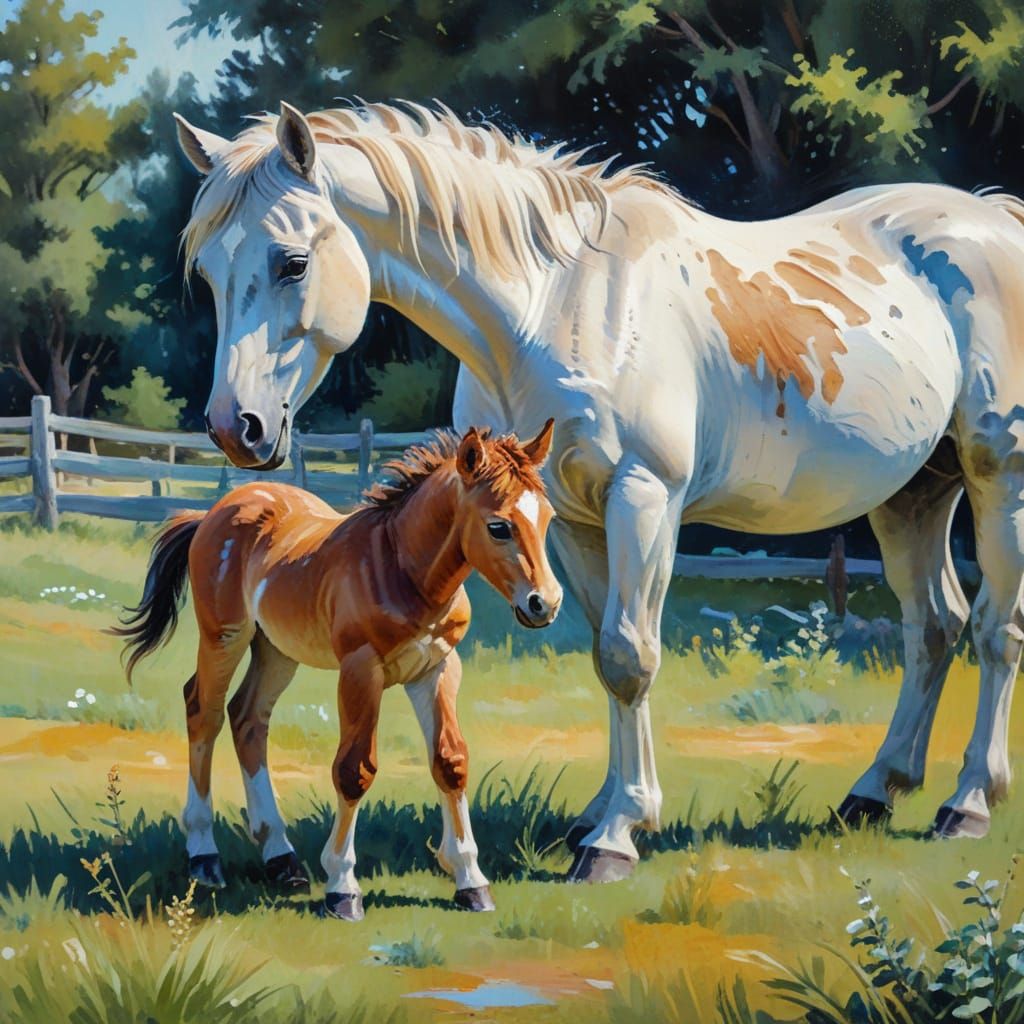 Ethereal Foal Birth in Vibrant Impressionist Masterpiece