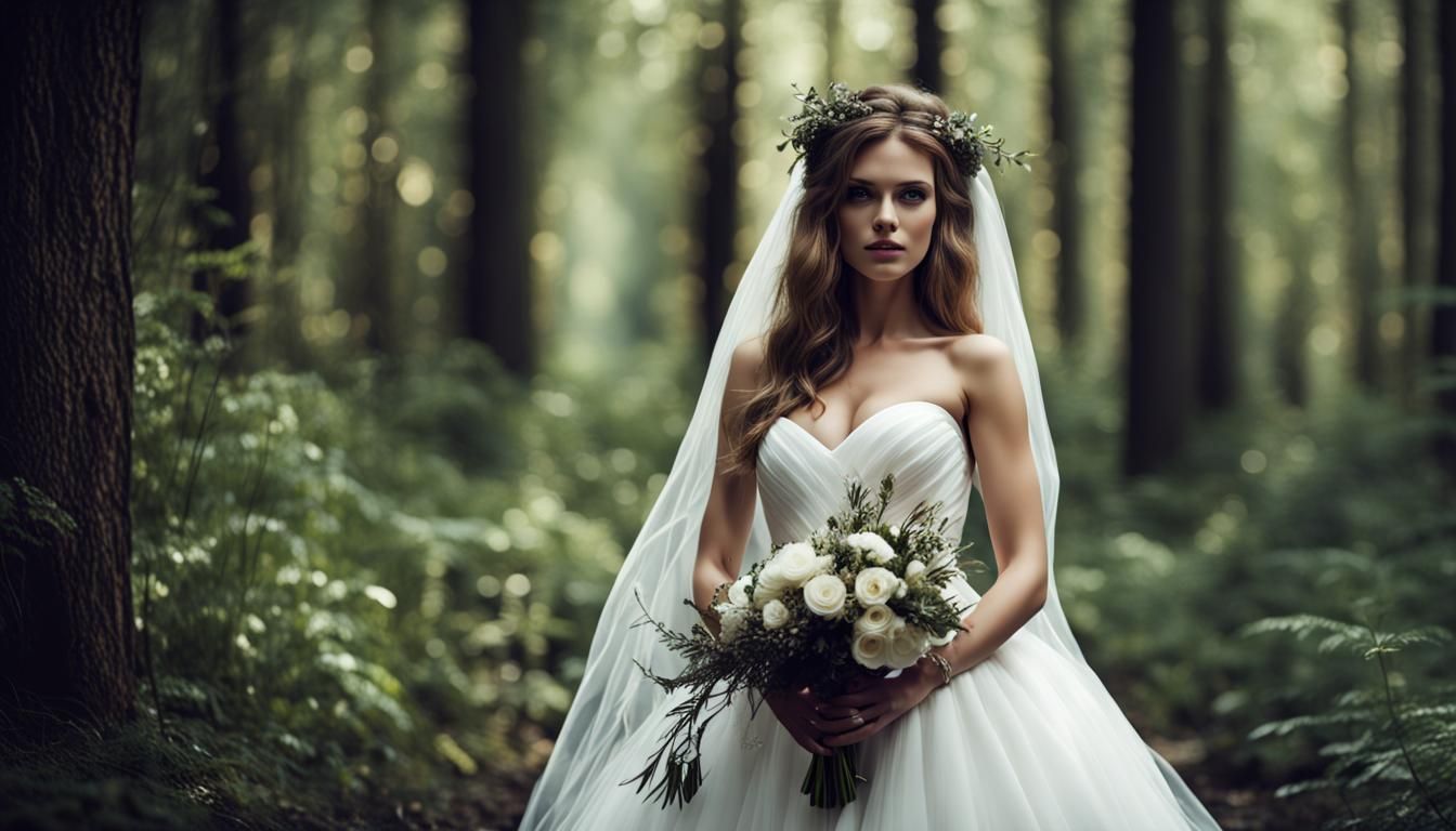 Beautiful Bride in Dark Forest, Realistic Image