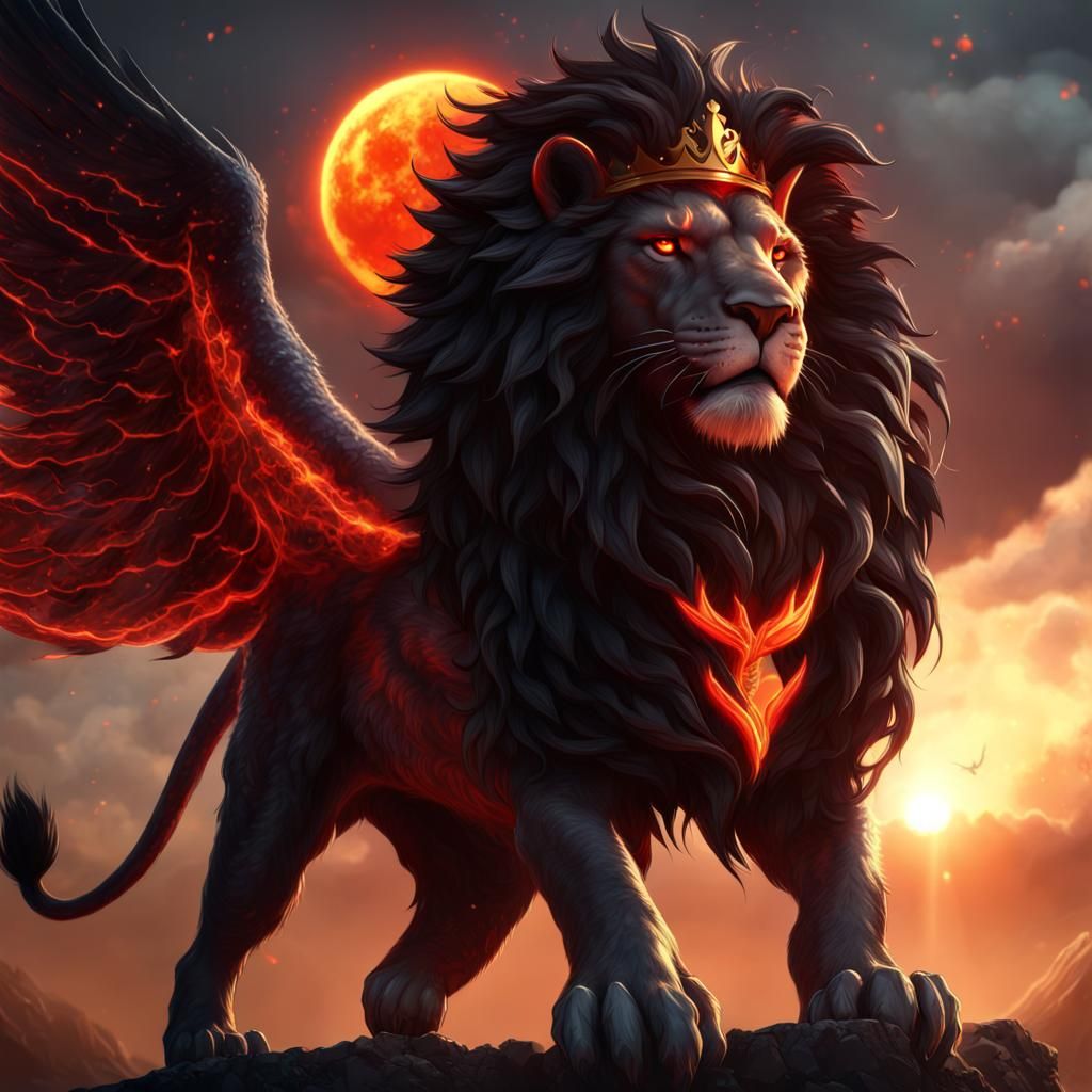 Fierce Lion Soaring with Fiery Wings