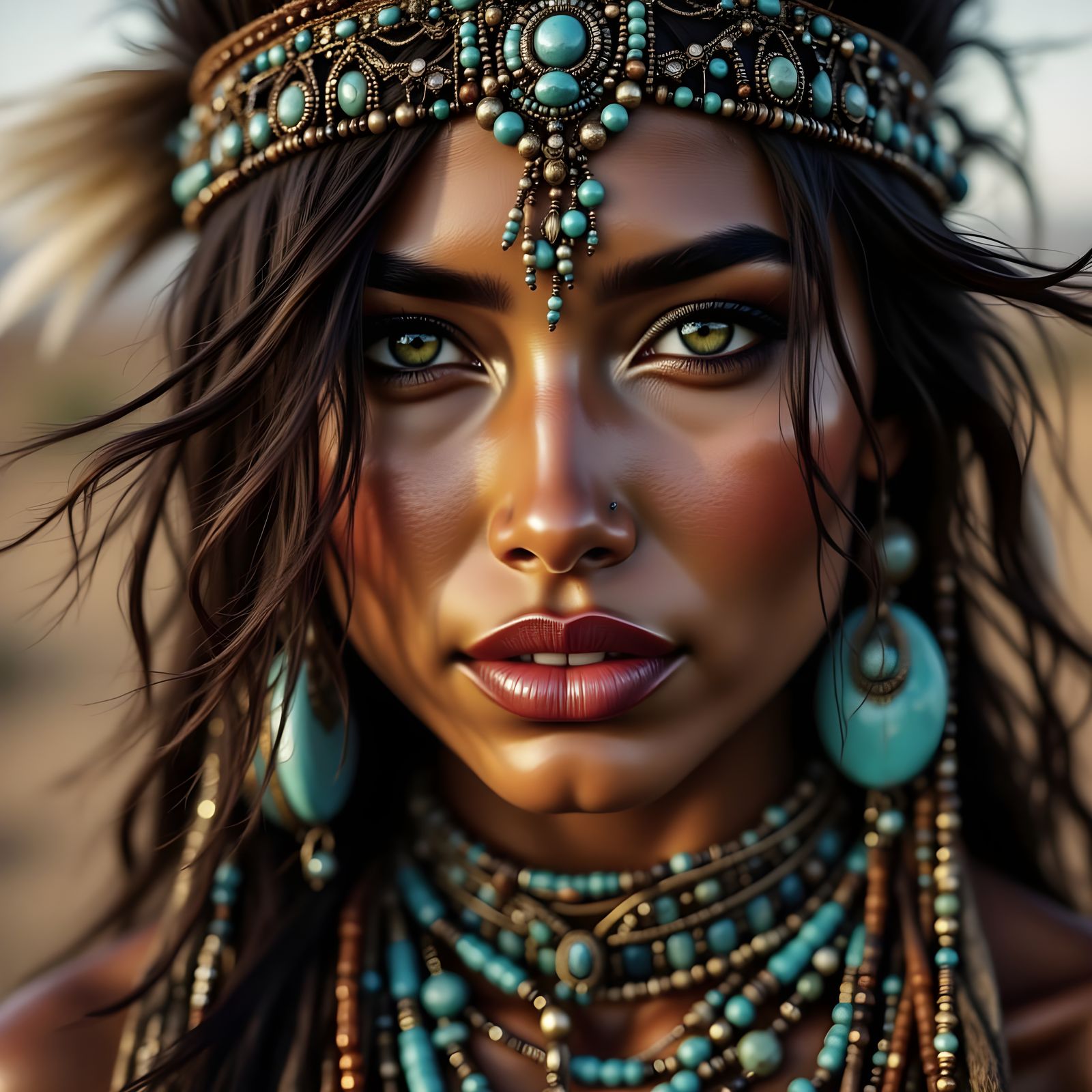 Native American Woman in Turquoise Jewelry as Digital Art