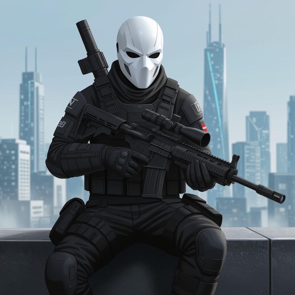 Sci-Fi Soldier with Sniper Rifle in Futuristic City