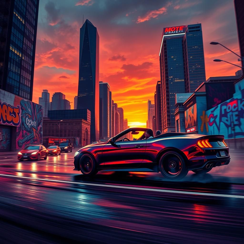 High-Octane Cityscape: Car Race Kiss in Street Art Style