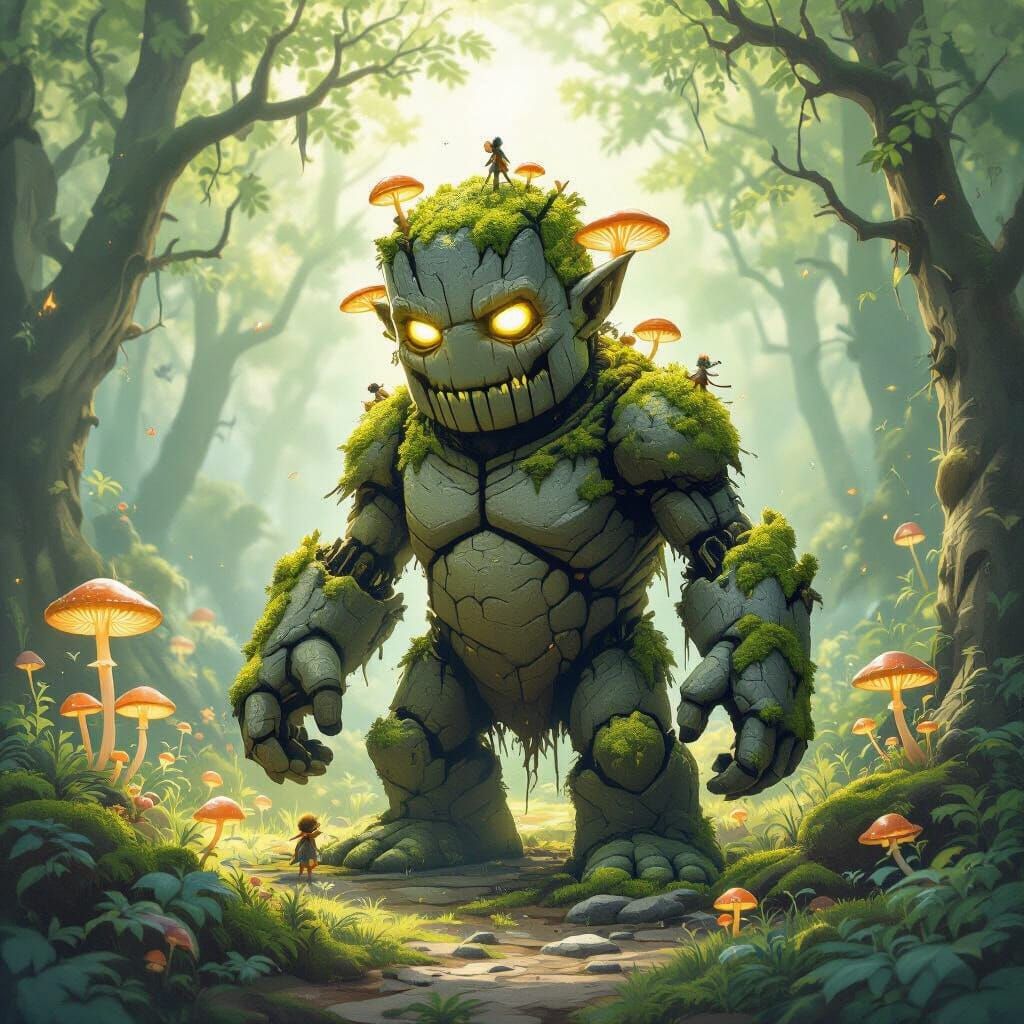 Moss Golem Awakens in Enchanted Forest Clearing