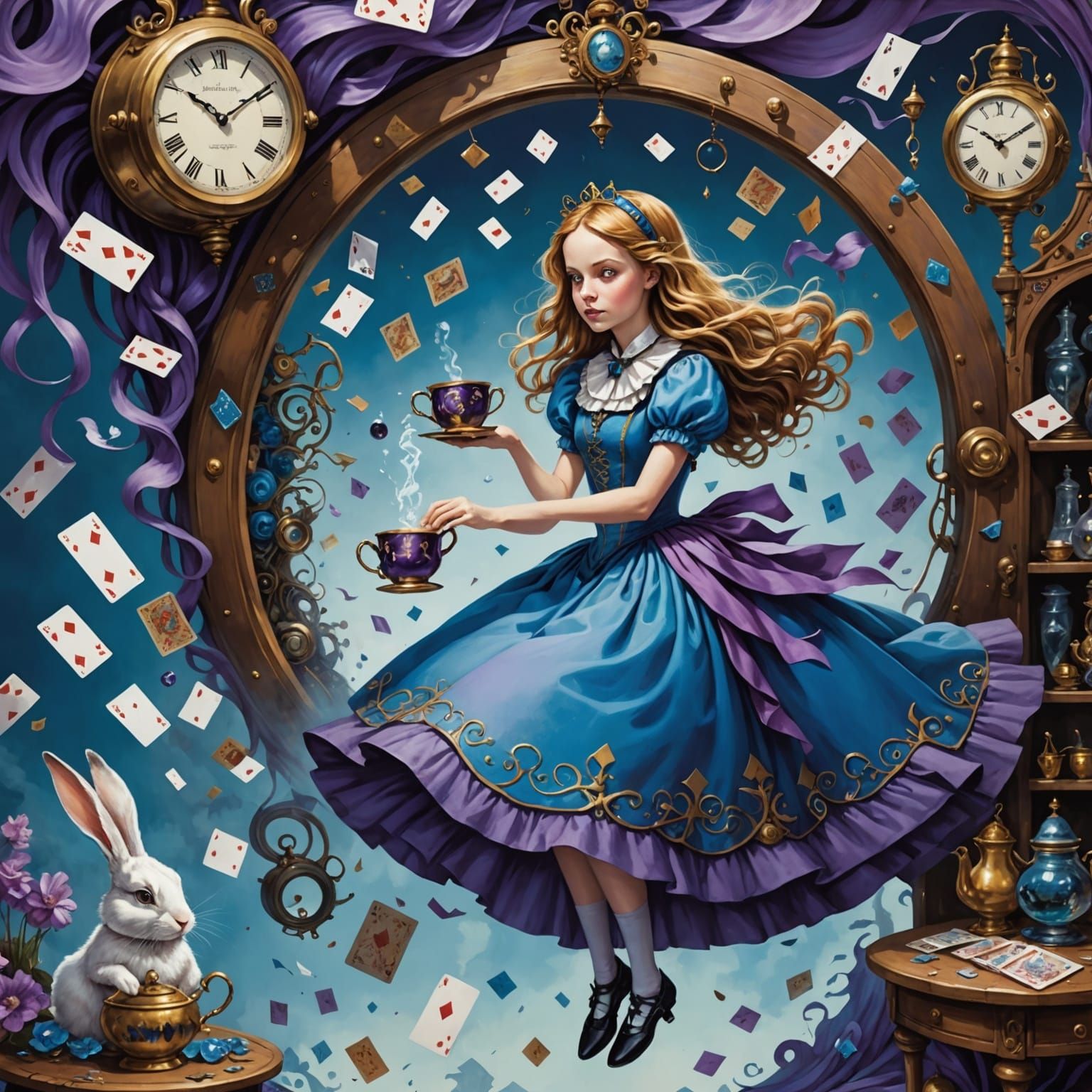 Steampunk Alice in Wonderland Scene with Surreal Illustratio...