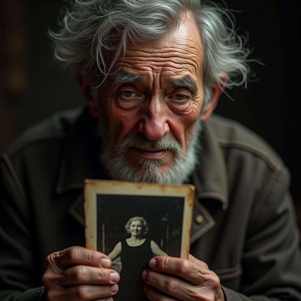 Grieving Elderly Man with Photograph, Detailed Matte Paintin...