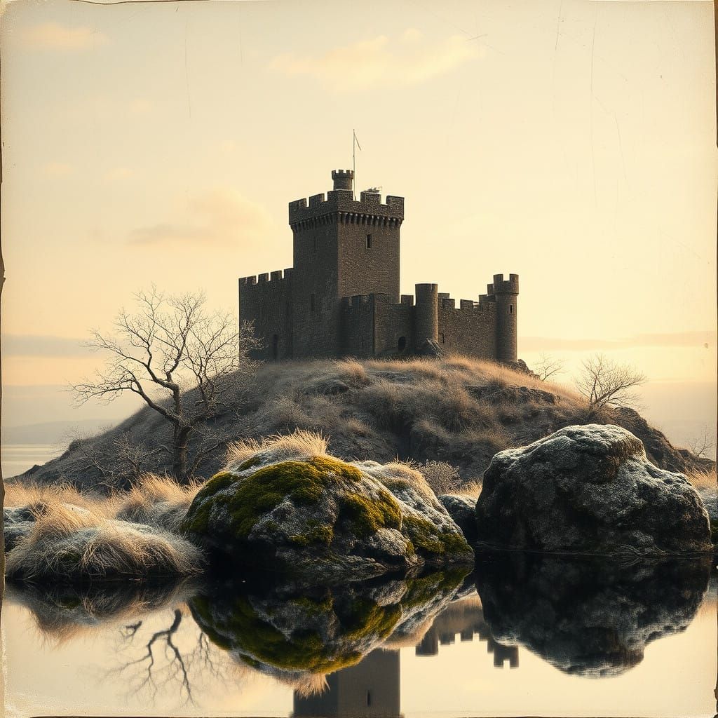 Medieval Castle on Rocky Island in Faded Black and White