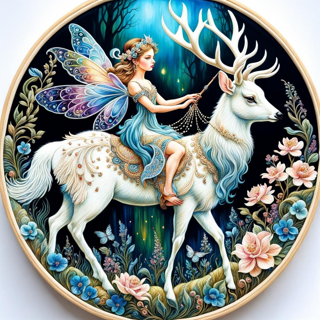 Fairy on Glass Deer in Embroidery Style