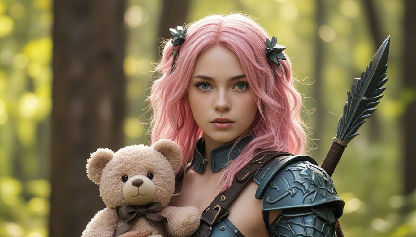 Kawaii Warrior with Teddy Bear in Lush Forest
