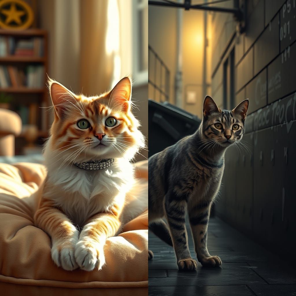 Halved Cat: Pampered Pet Meets Rugged Stray