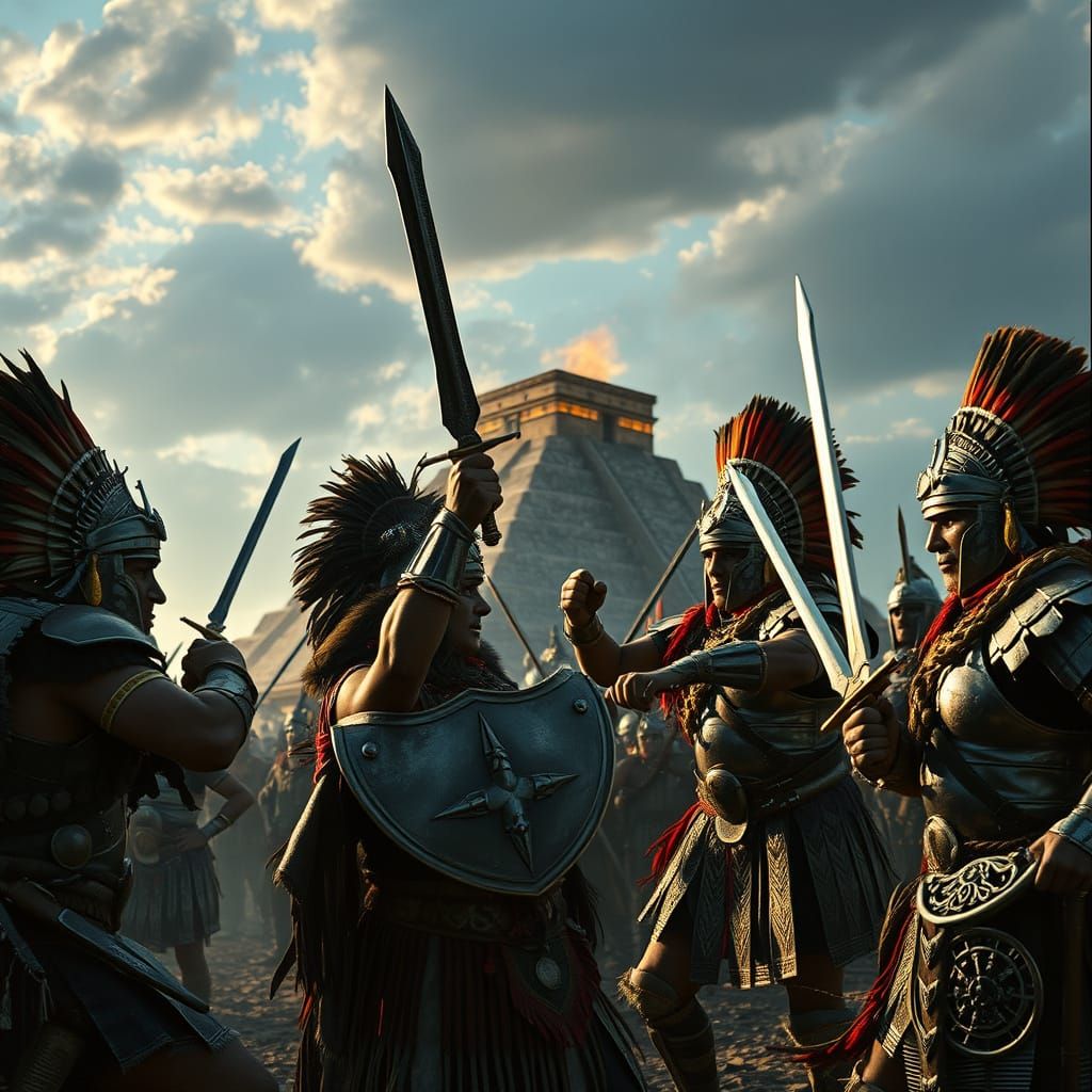 Aztec Warriors Clash with Spanish Conquistadors in Tenochtit...