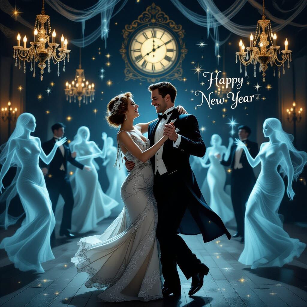 Couple Dances at Haunted New Year's Ball in Whimsical Style