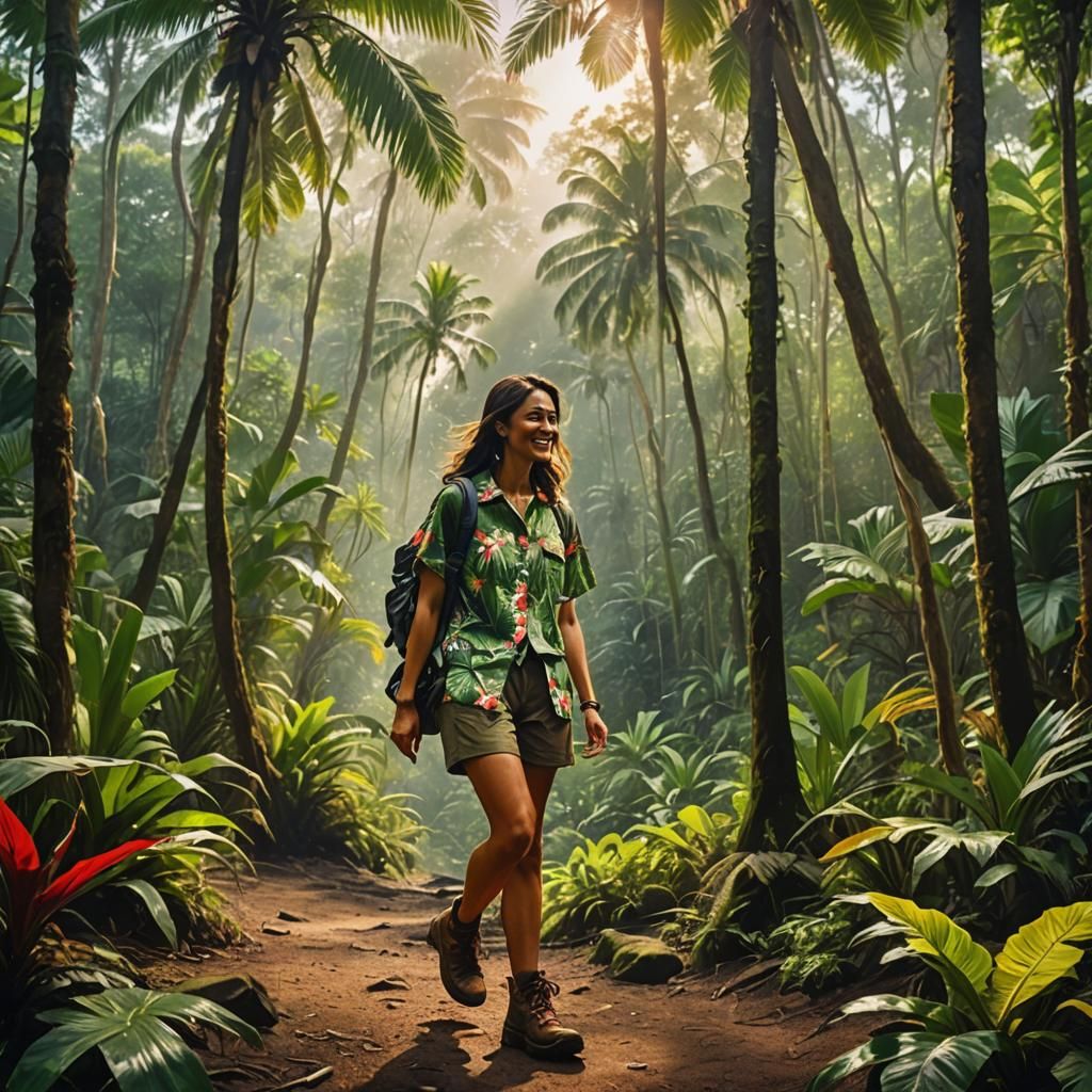 Girl Hiking in Tropical Jungle with Friends