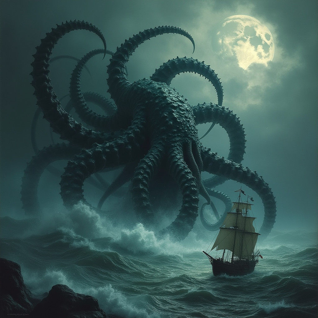 Kraken Attacks Ship in Gothic Horror Style
