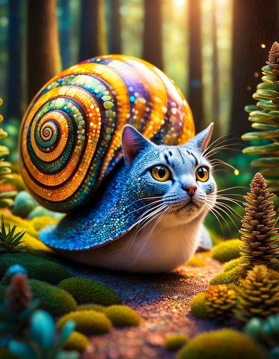 Whimsical Snail-Cat Adventure in a Magical Forest