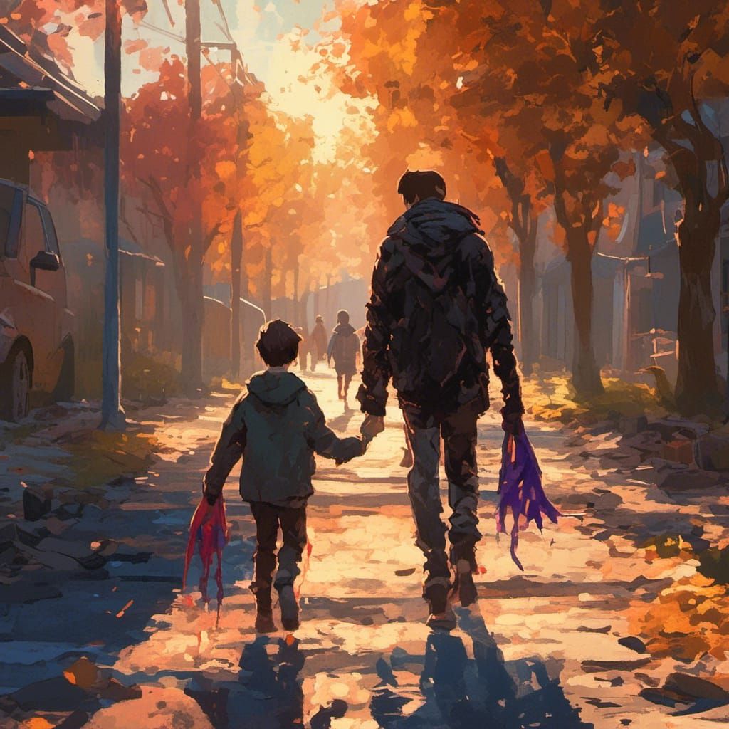 Father and Son Walking: Vibrant Oil Painting