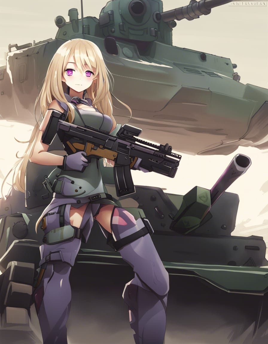 Anime Girl with Gun on Tank, Manga Style