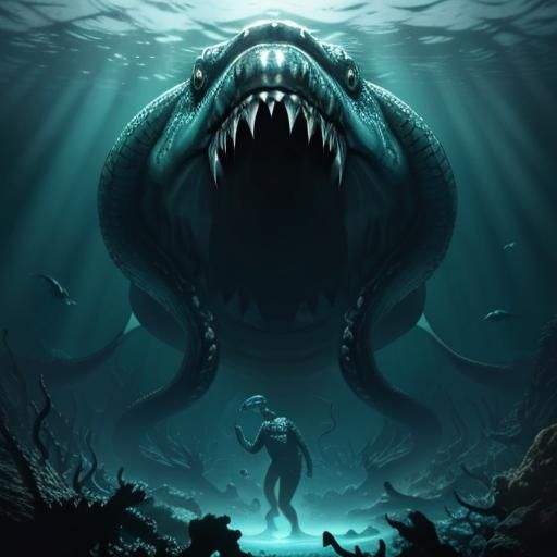 Underwater Horror: Swimmer and Colossal Serpent