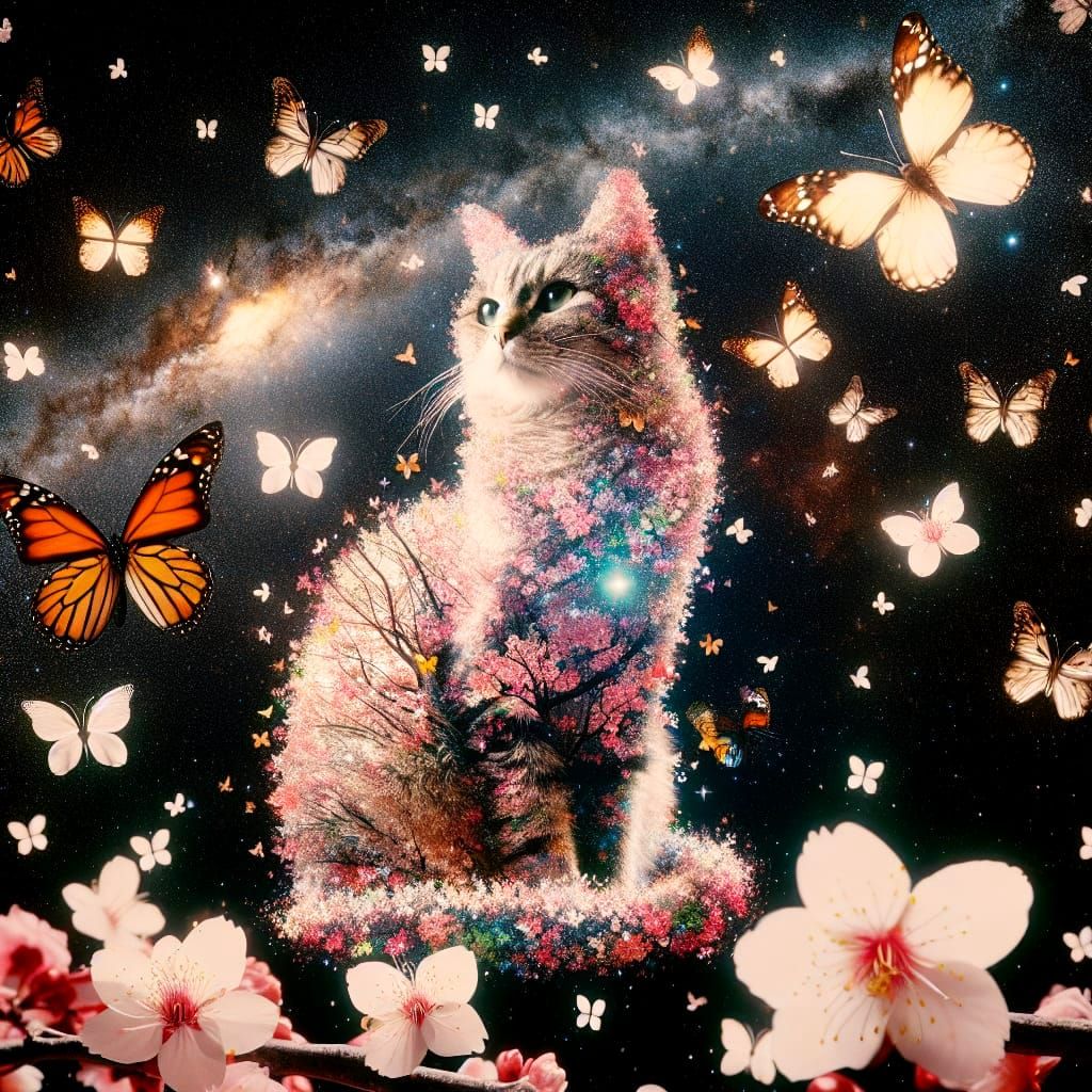 Butterfly Cat in Space: Hyperrealistic Double Exposure