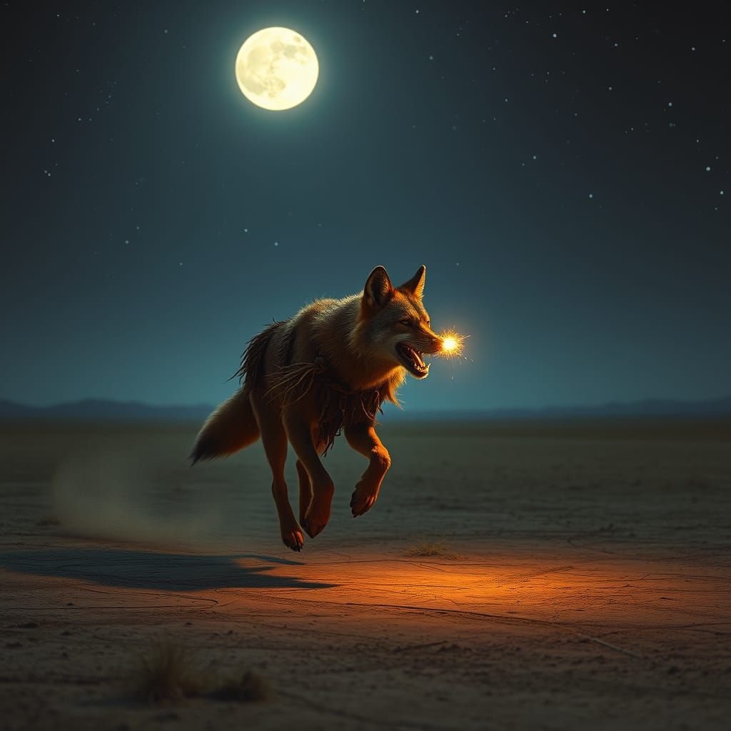 Coyote Steals Fire in High-Fantasy Landscape