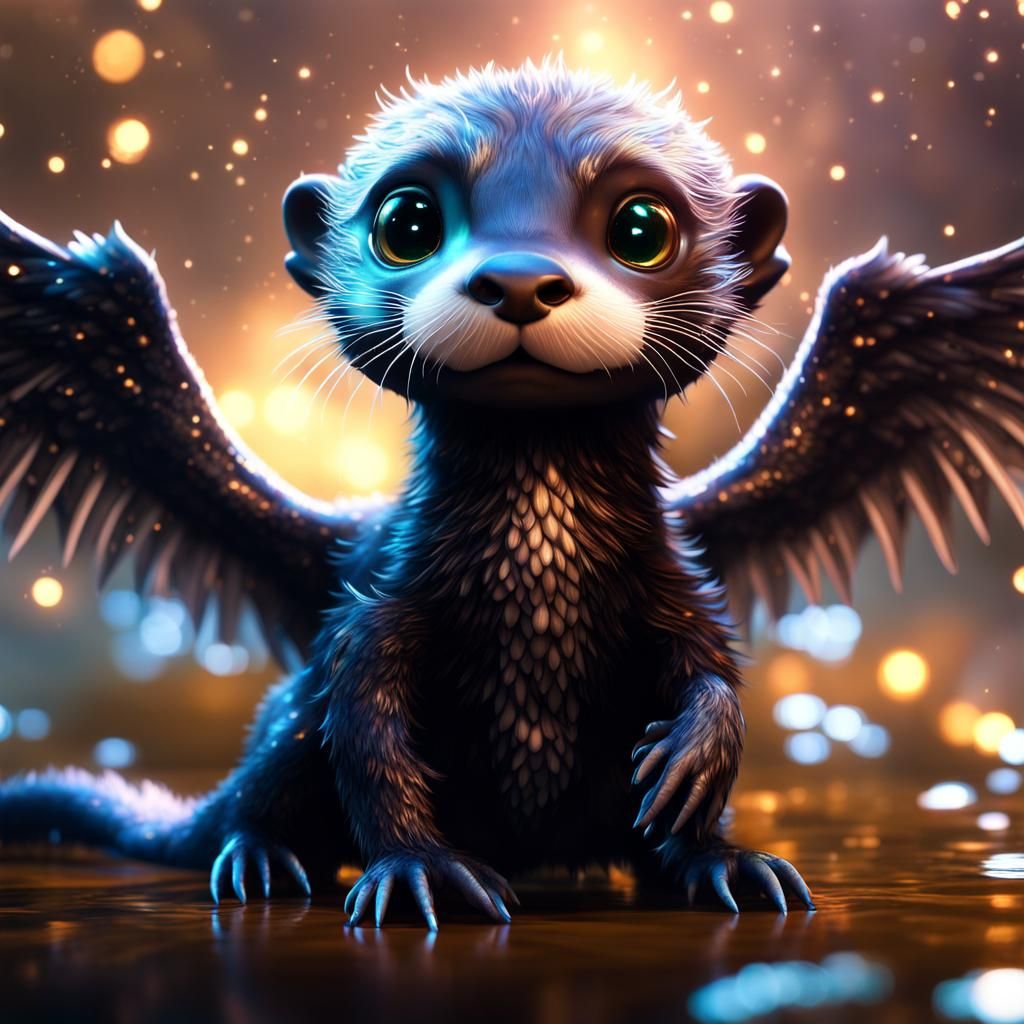 Winged Otter Dragon with Iridescent Stars, CGI Art