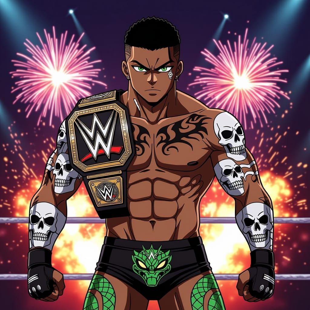 Anime Wrestler With Skeleton Tattoos Holds Championship Belt