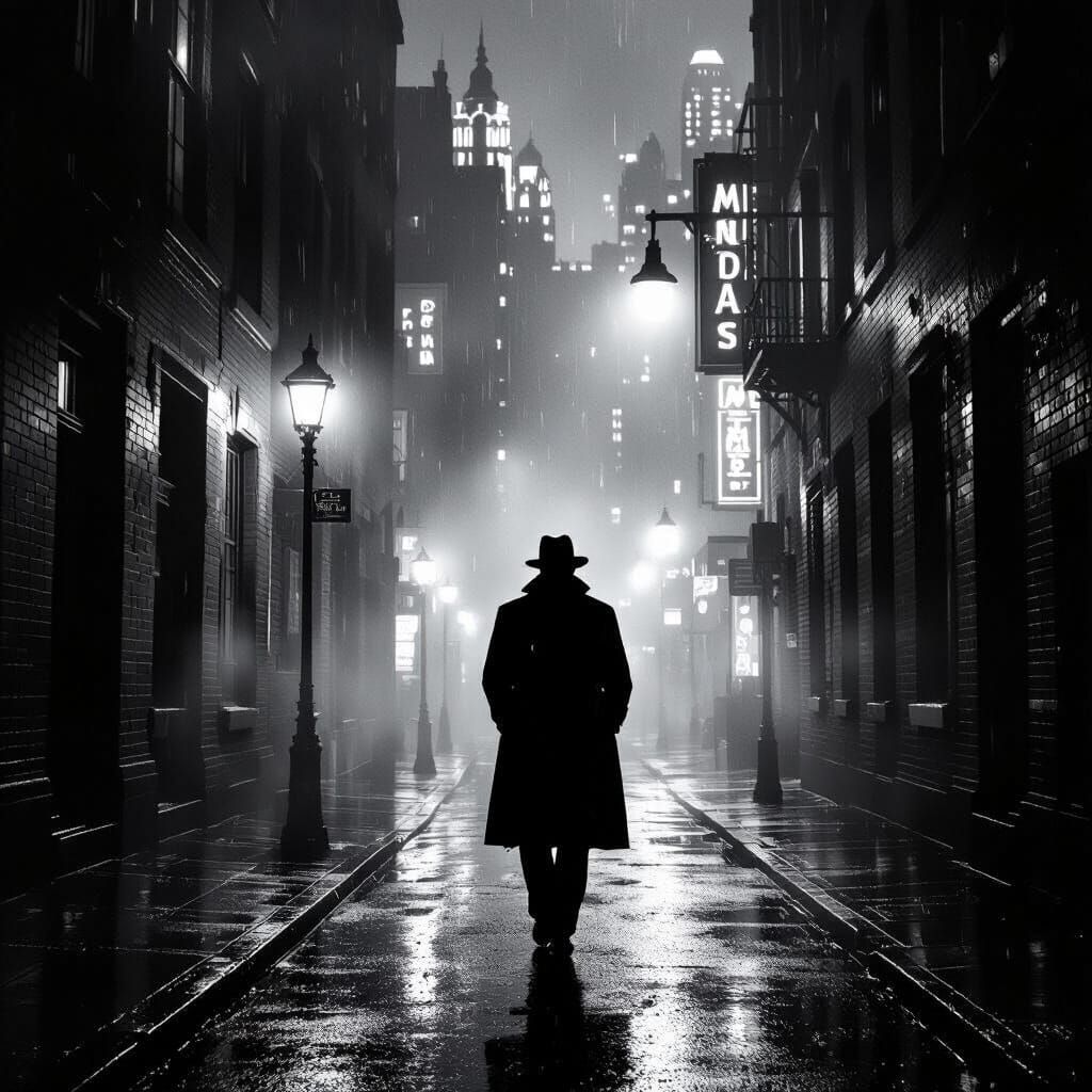 Dramatic Film Noir Scene in Black and White