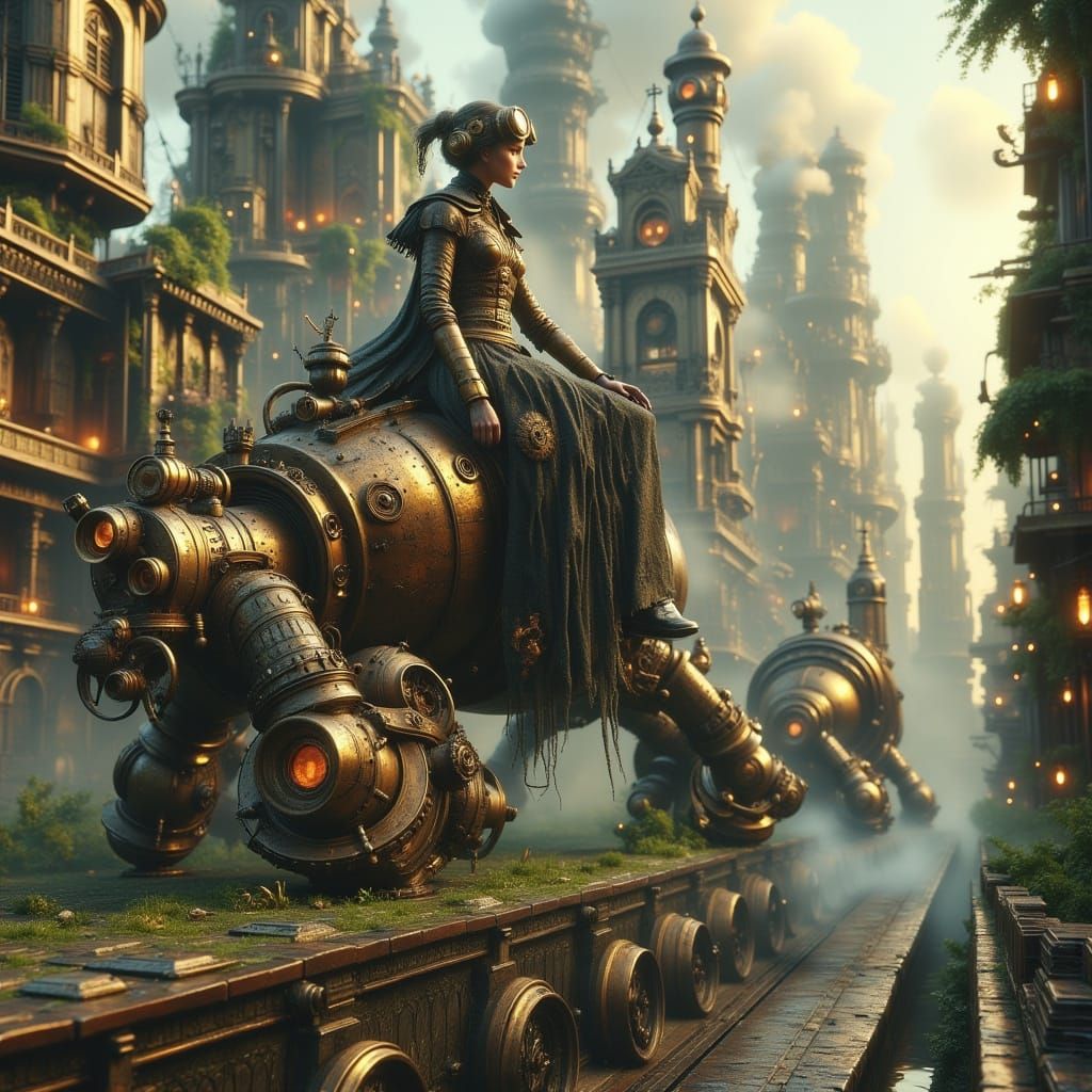 Steampunk Woman on Robot in Metropolis