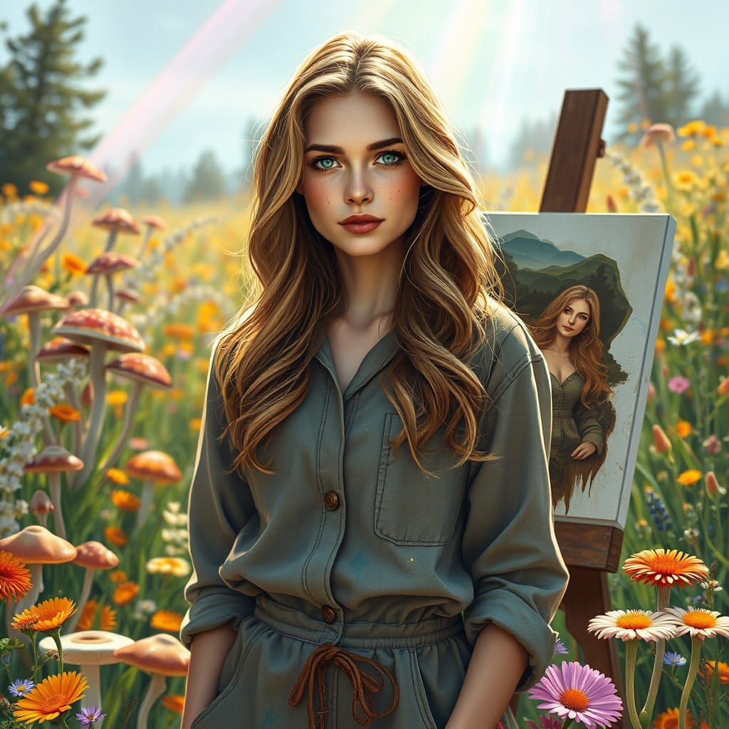 Serene Artist in a Whimsical Wildflower Meadow