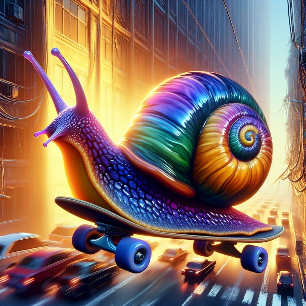 Snail on Skateboard: Iridescent Shell in Cityscape