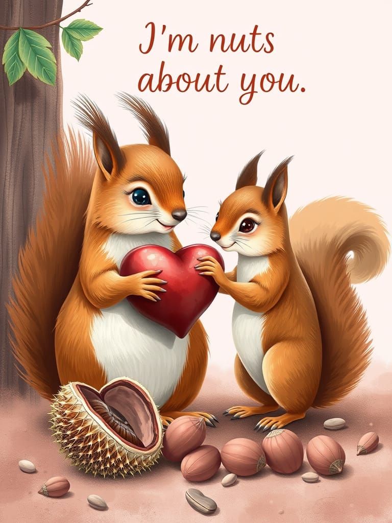 Romantic Red Squirrel Greeting Card in Hyperealistic Style