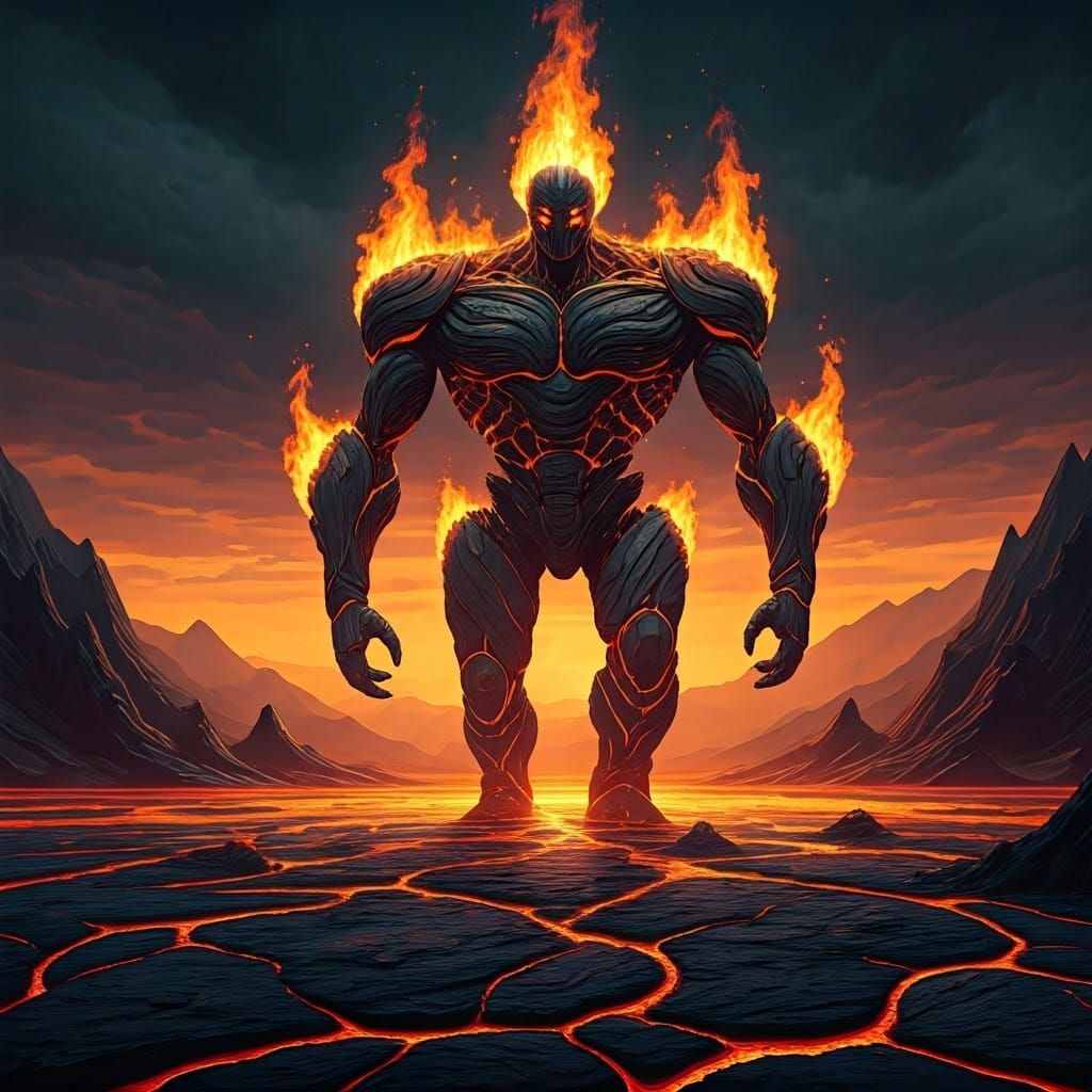 Flaming Golem Striding Through Lava Field