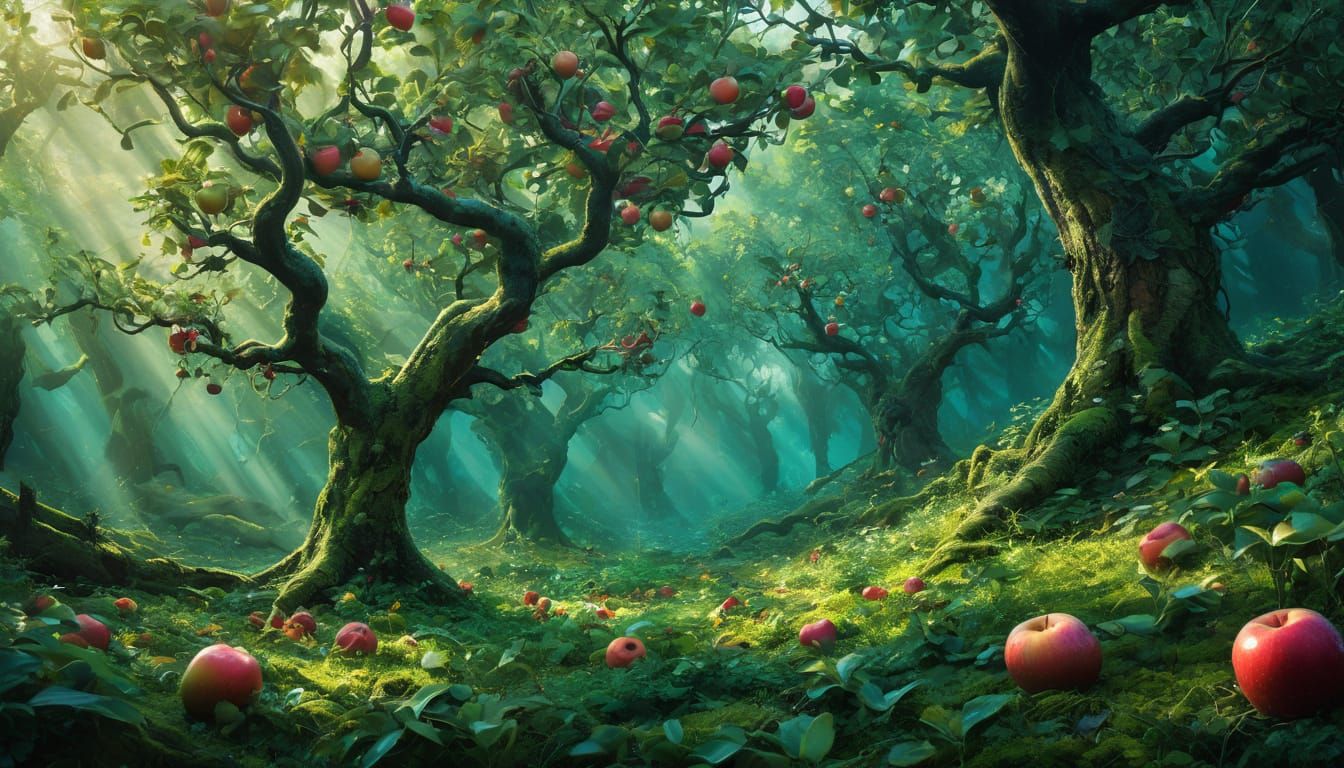 Whimsical Fantasy Landscape with Glowing Apples in Vibrant F...