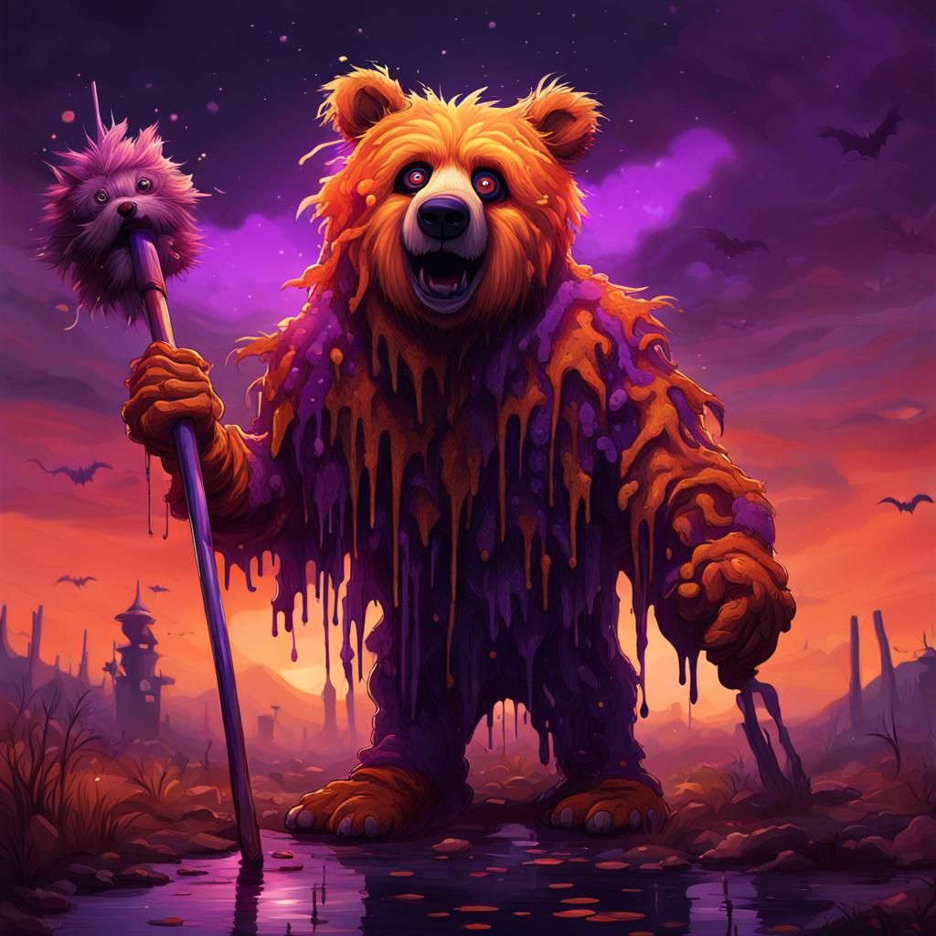 Hyperrealistic Bear in Spooky Halloween Landscape