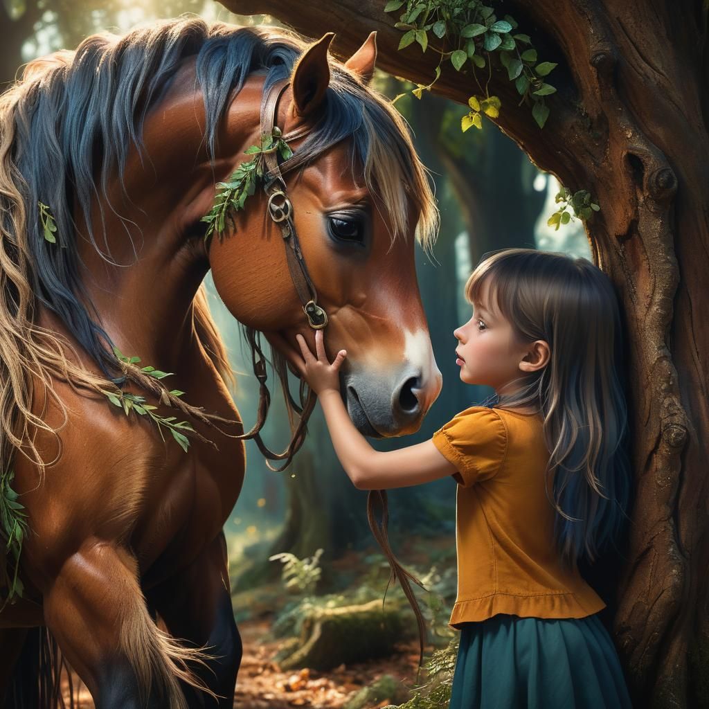 Rzeźba w pniu drzewa, koński opuszczony nisko łeb z rozwianą...