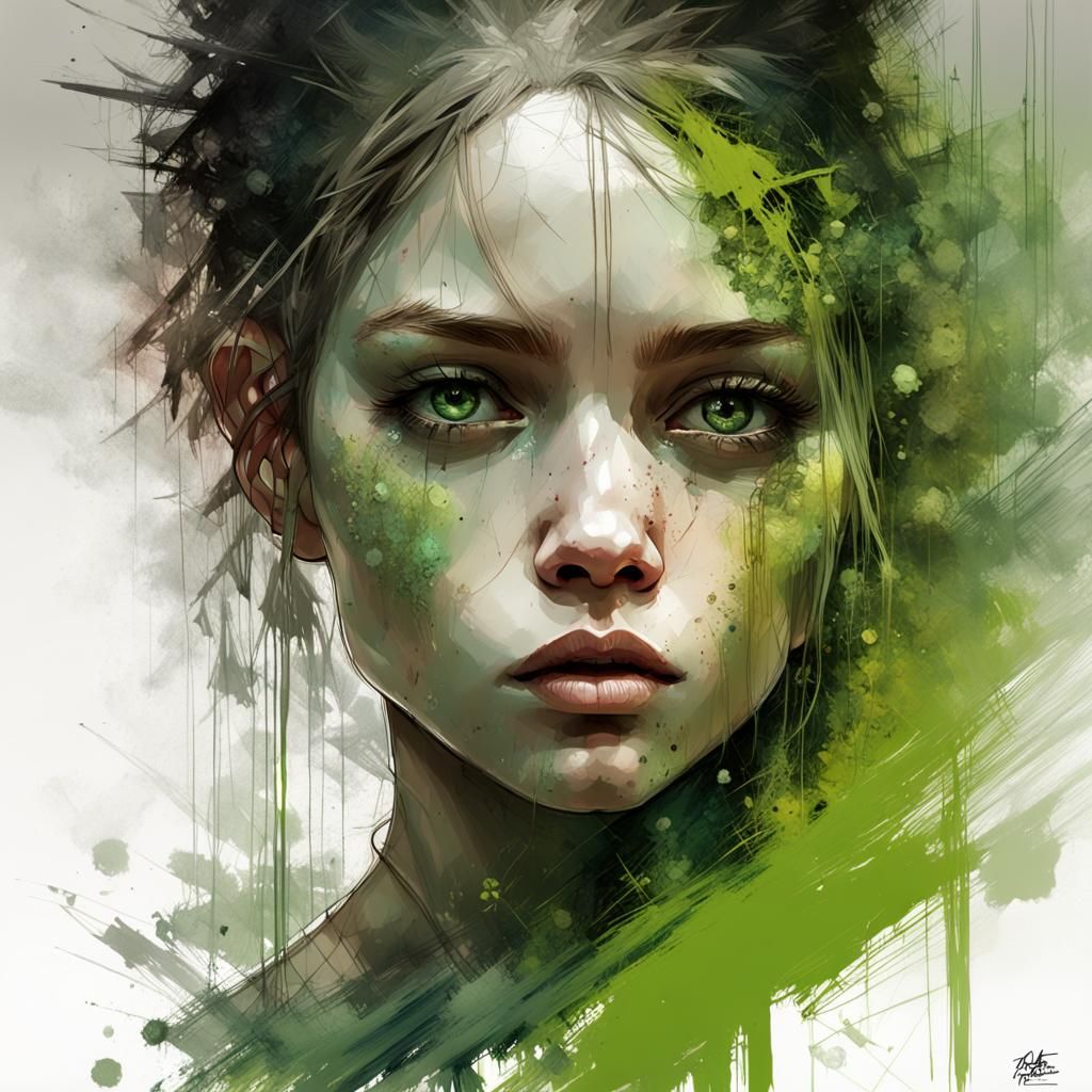 Crystal Girl: Peridot Green Portrait in Mixed Media Style