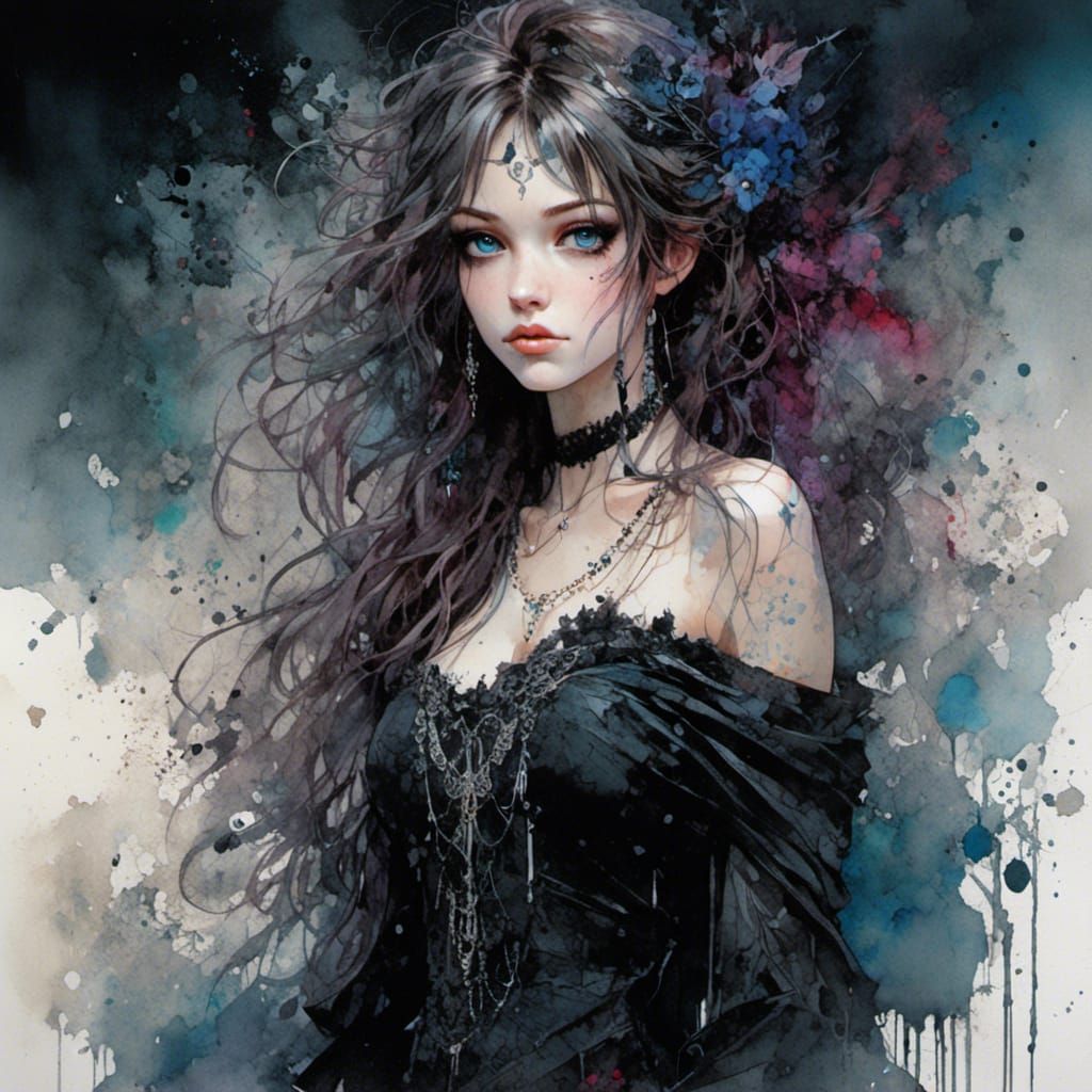 Gothic Anime Princess Portrait in Watercolor Manga Style