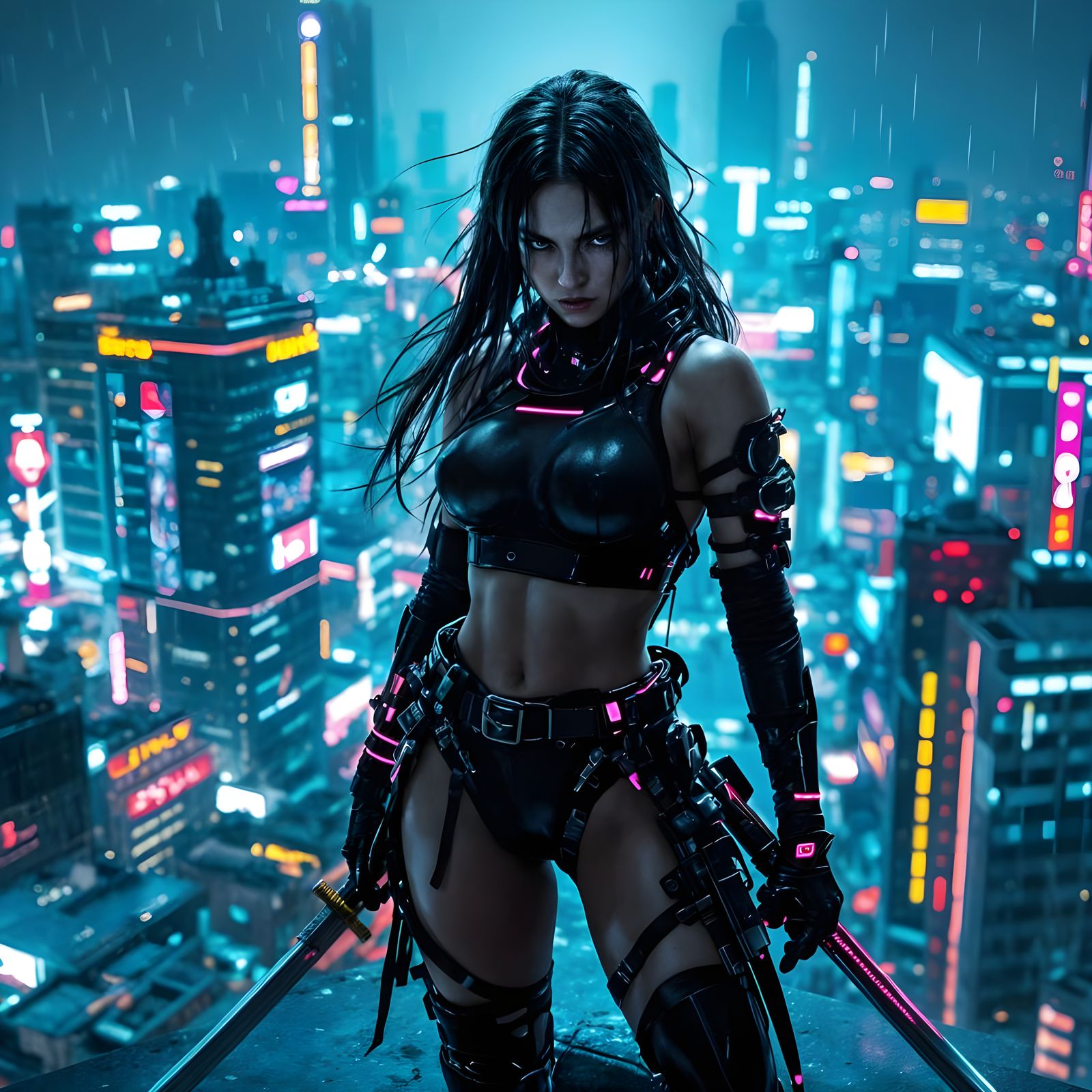 Cyberpunk Ninja Warrior in Neon Cityscape