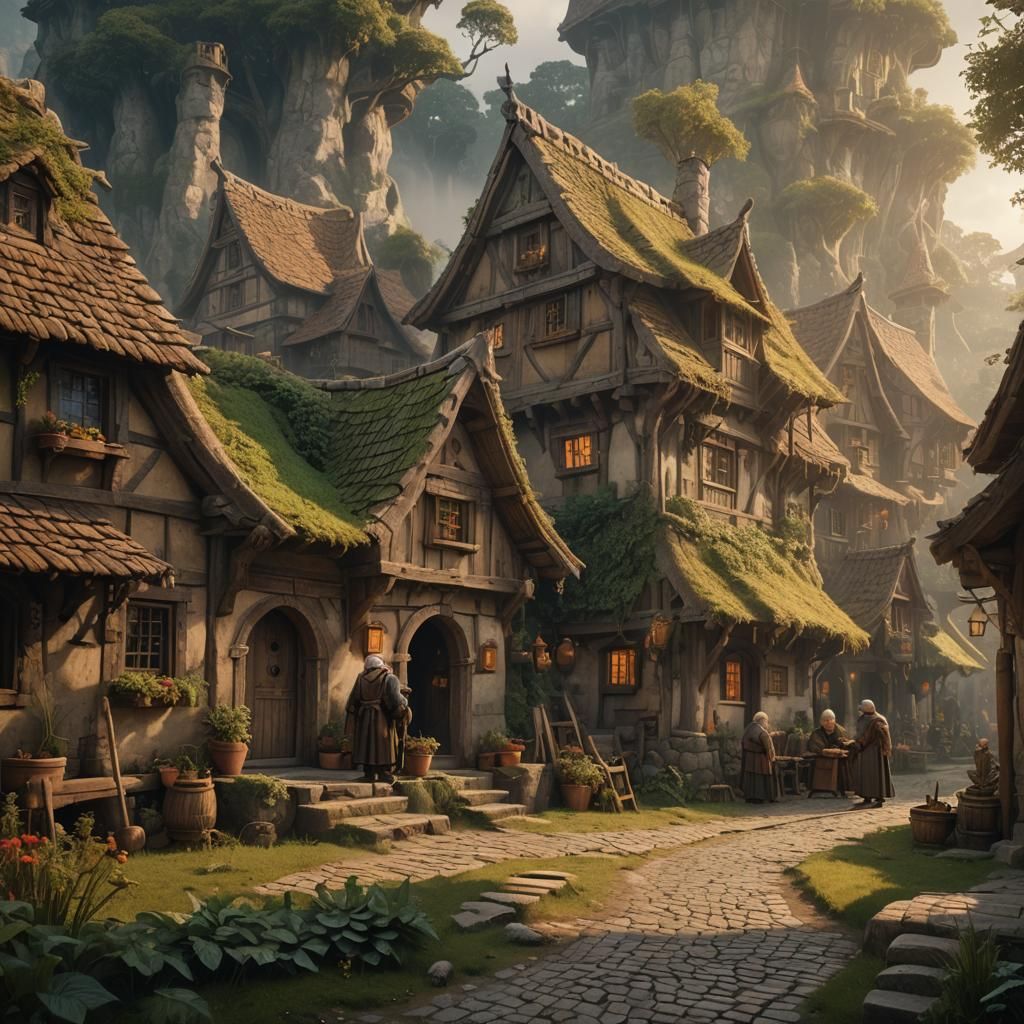 Fantasy Village Scene with Golden Lighting