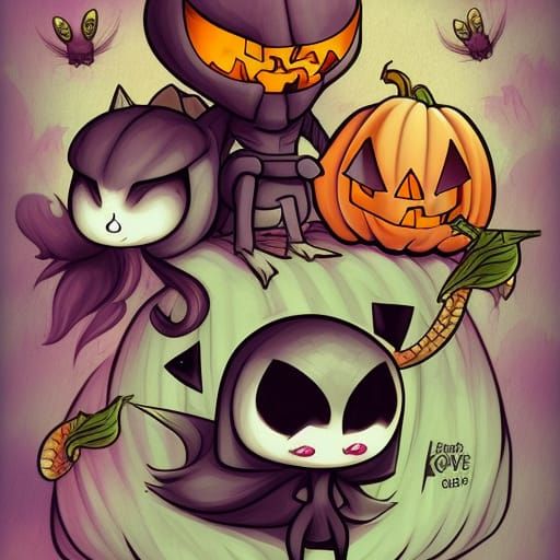 Kawaii Fantasy Creatures in Halloween Art Style
