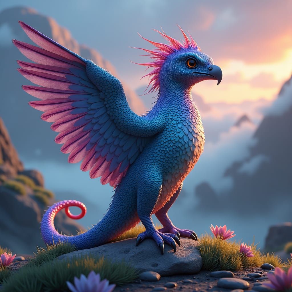 Eagle-Penguin-Chameleon Hybrid in Dreamlike Landscape