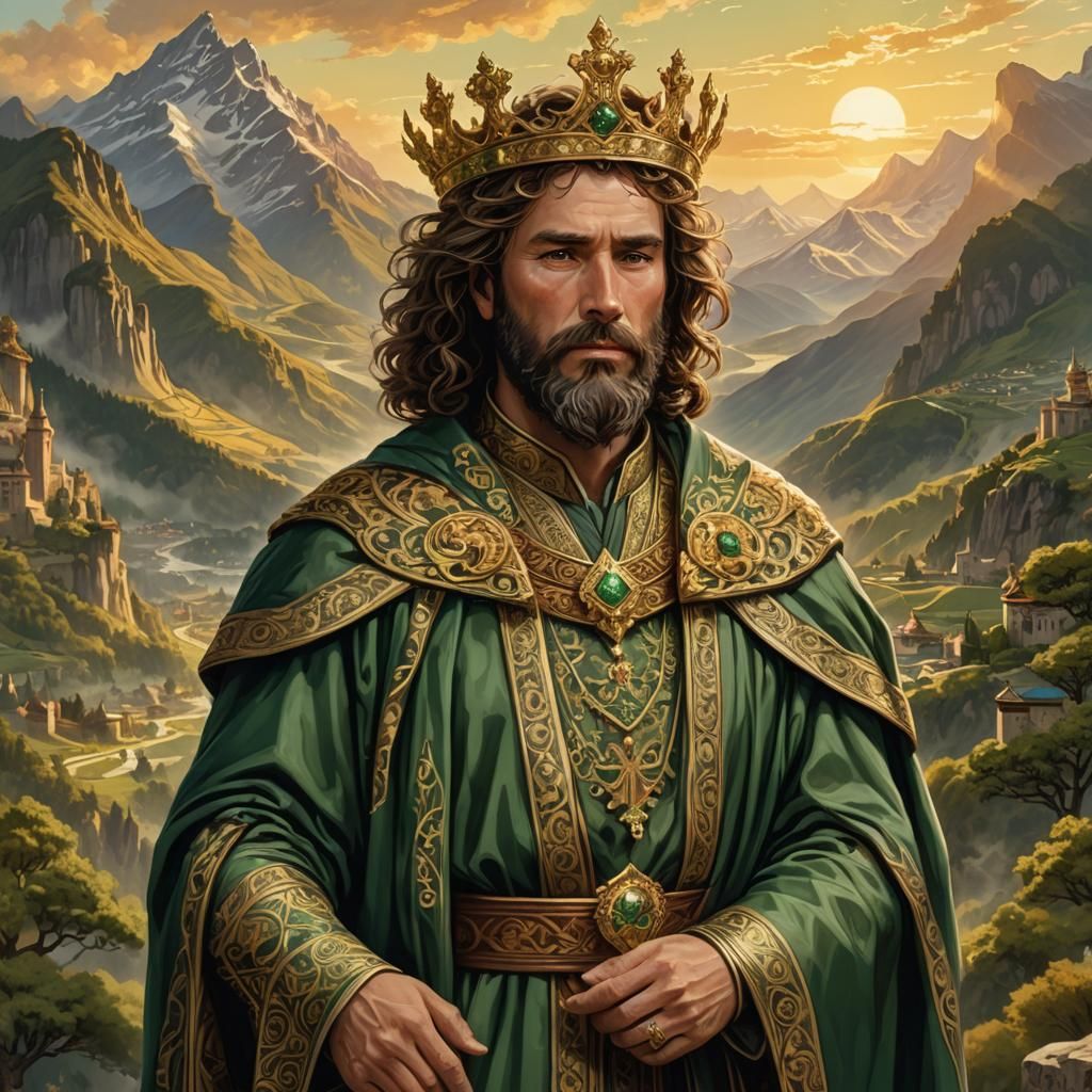 Wise King in Royal Green Robes, Matte Painting Style
