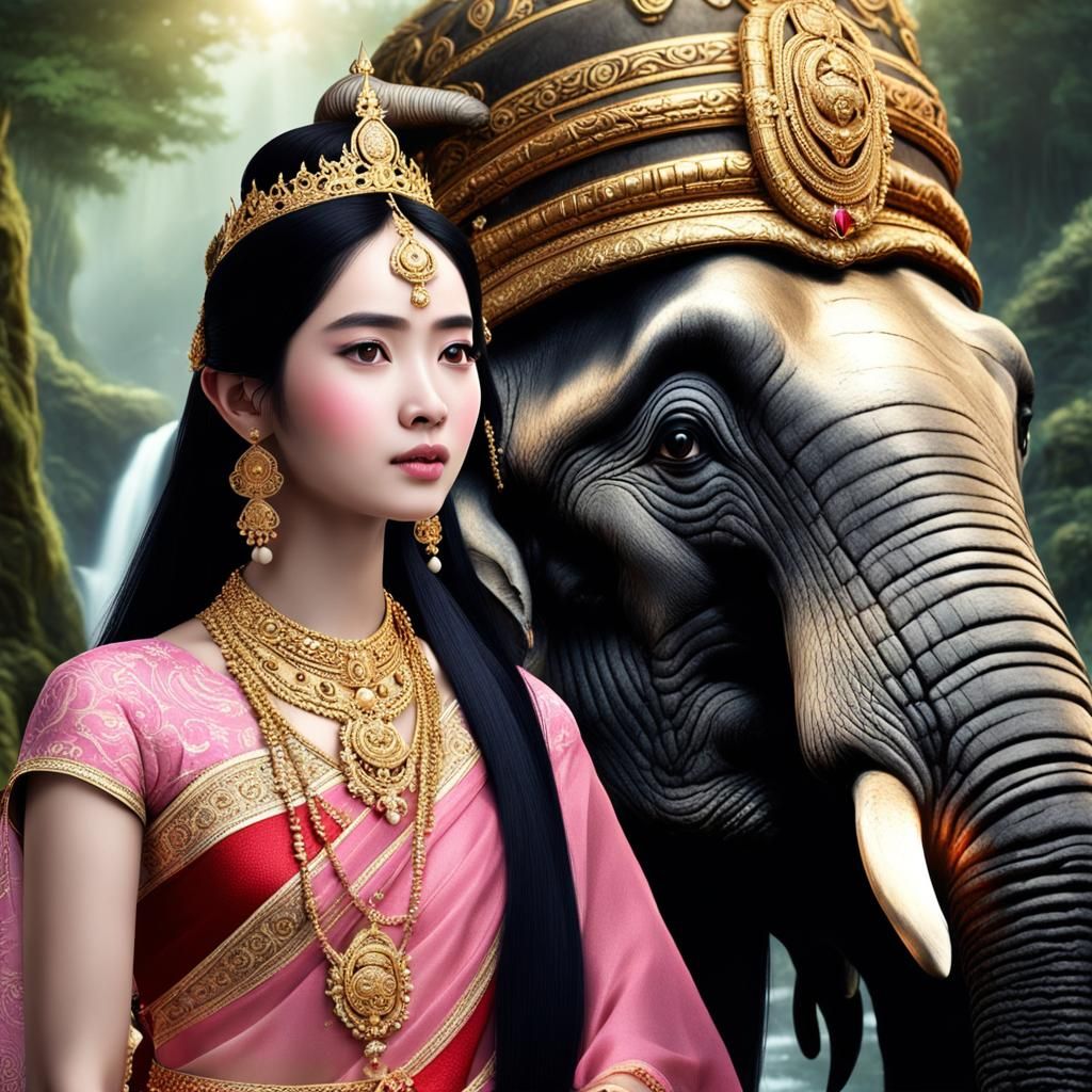 Thai Princess with Elephant in Ancient Forest