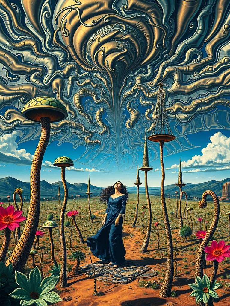 Surreal Landscape with Elastic Flora and Vortex