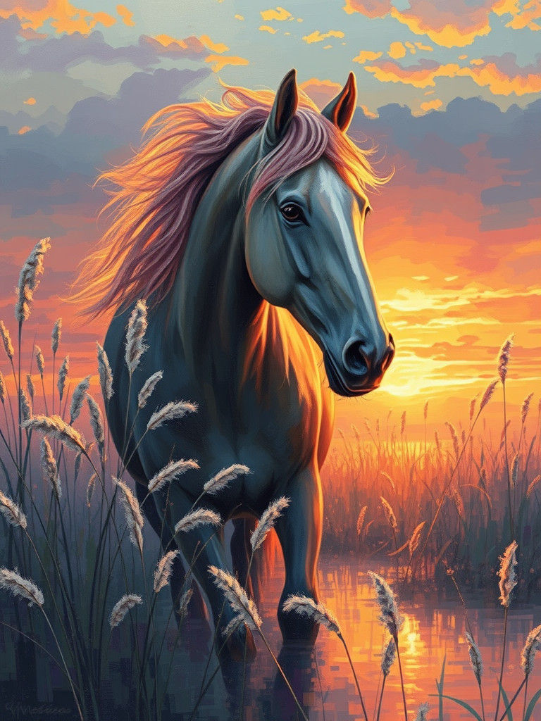 Ethereal Horse Merged with Sunset, Neo-Impressionist Style