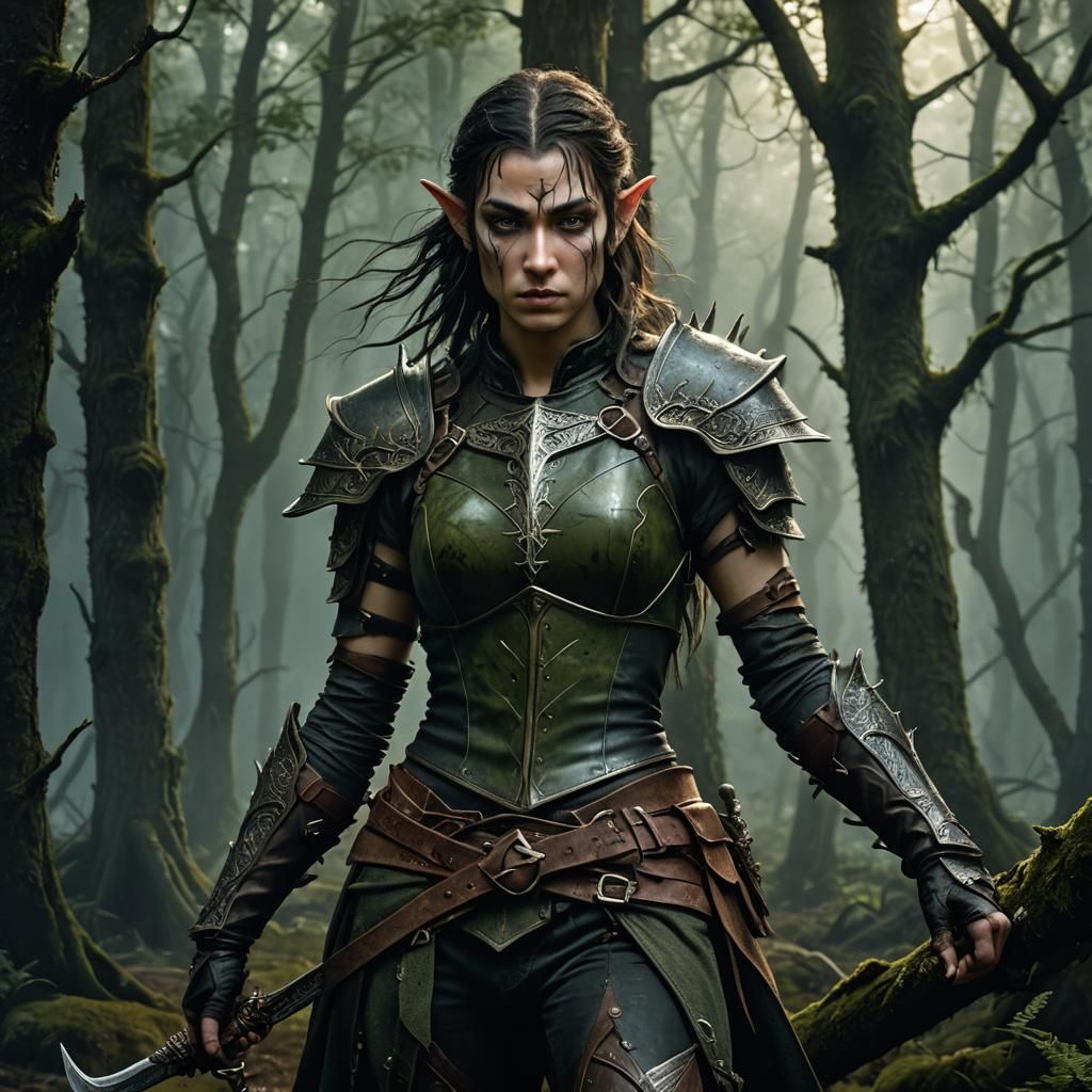 Elven War Dancer in Dark Forest, Gritty Realism