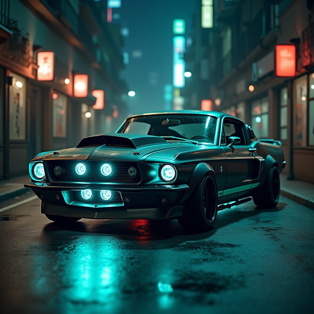 Cyberpunk 1967 Ford Mustang in Neo-Tokyo Alleyway