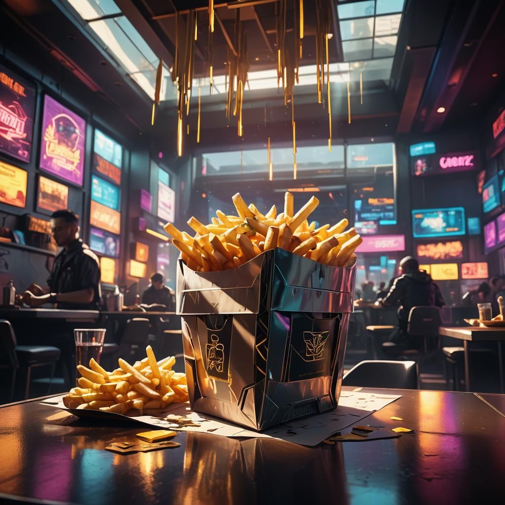 Cyberpunk Restaurant Features Floating Fries in Sunlight