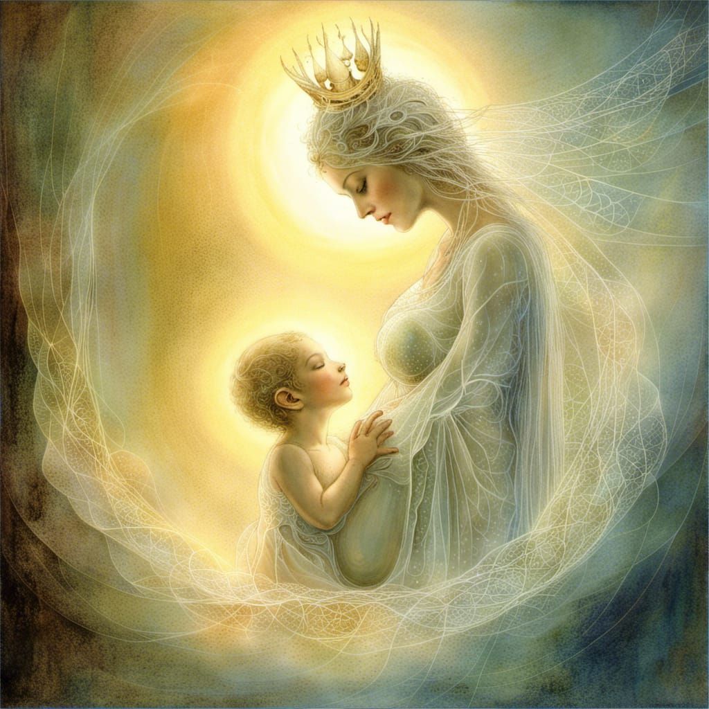 Pregnant Queen Pixie with Fire Crown: Suminagashi Art